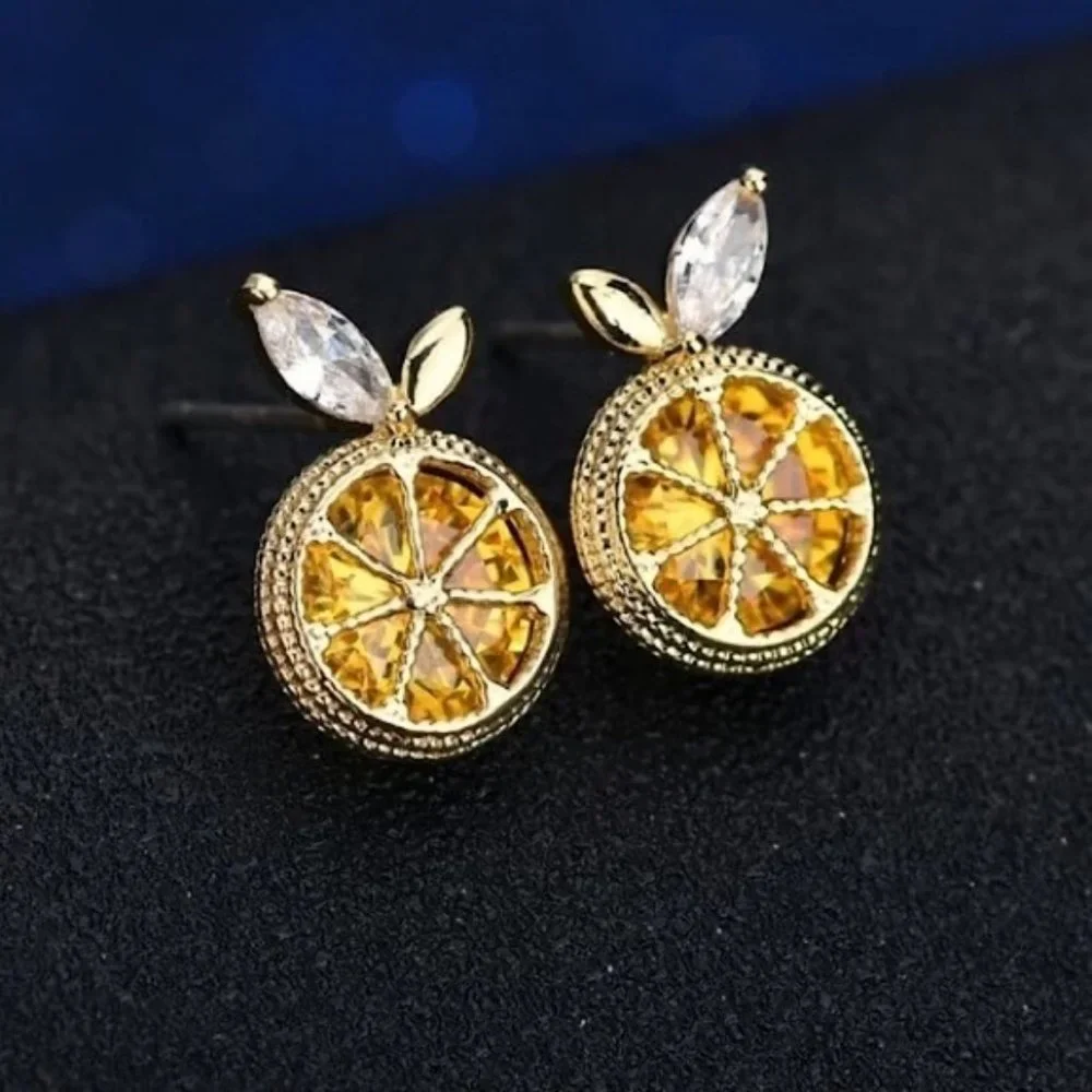 Jeweled Orange Diamond Fruit Gold Stud Minimalist Dainty Luxury Unique Earrings